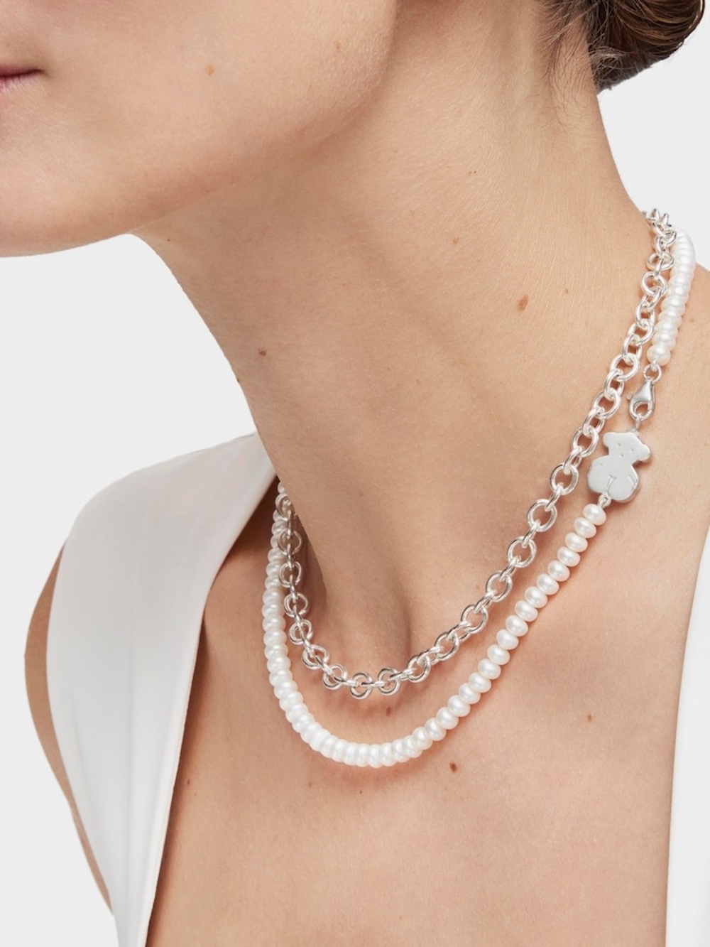 Tous White Pearl Bead Necklace with Silver Bear Charm